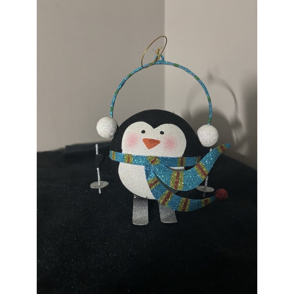 Pier 1 Imports 5" Glitter Penguin Ball Ski And Ear Muffs Christmas Ornament RARE